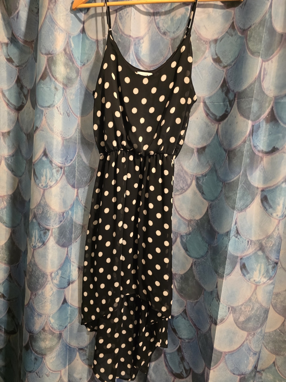 Lush Black and White Polka Dot High-Low Slip Dress